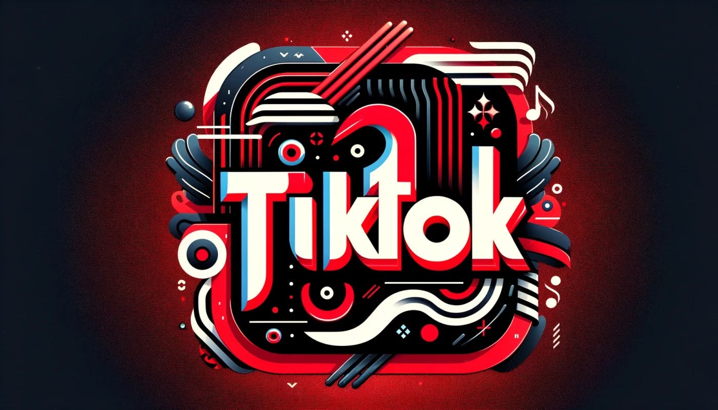Dynamic red and black themed music marketing image with the text 'TikTok' prominently displayed in stylish font. The background features abstract waves and music-related elements, evoking a vibrant summer vibe suitable for a blog post about 'riding the summer wave with TikTok'.